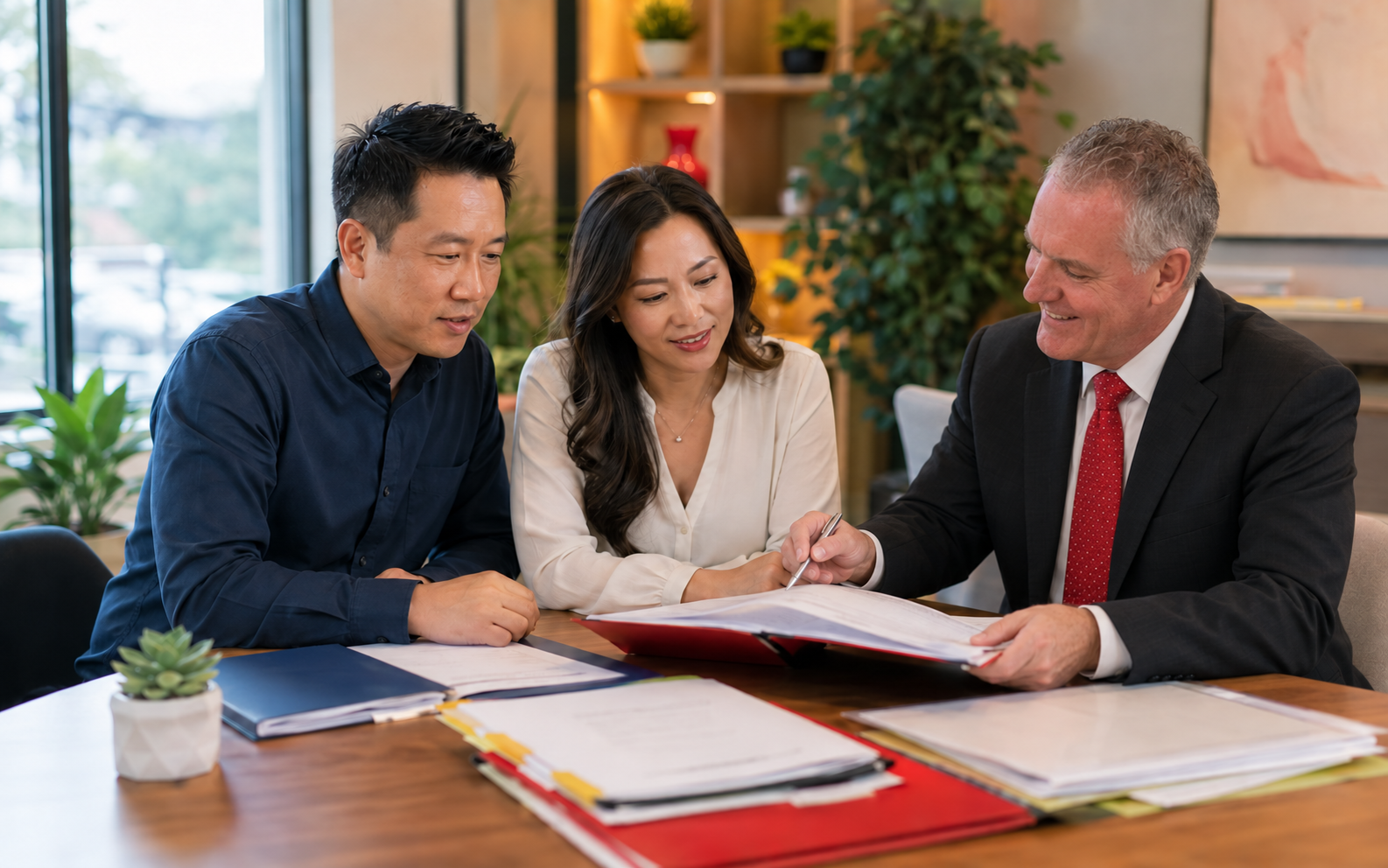 Photo illustration of David Carl Williams helping a couple review immigration documents